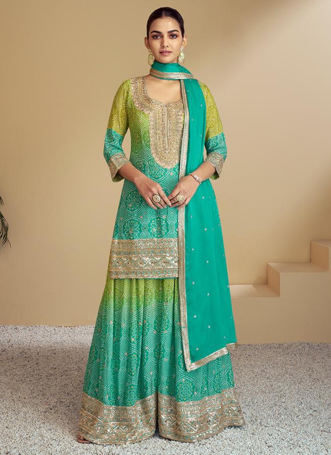 Chinnon Teal Wedding Wear Printed Readymade Plazzo Suit